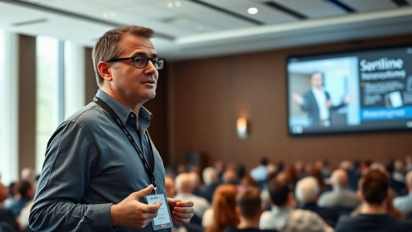Professional speaker discussing omnichannel strategy for customer loyalty at conference.