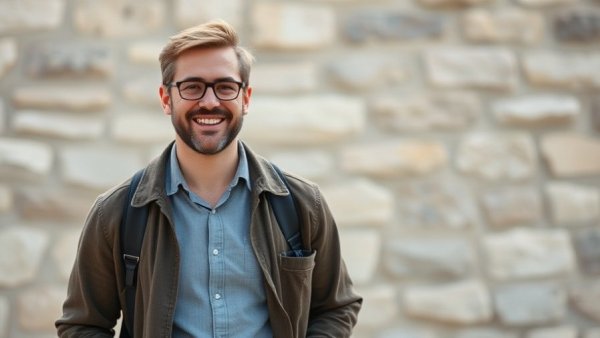 Man smiling in casual clothing against a light stone wall