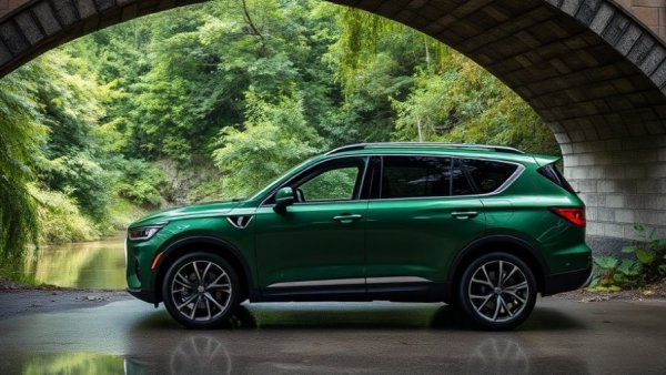 Green 2027 Genesis GV90 luxury SUV beneath stone bridge