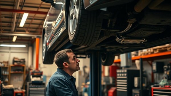 Mechanic working under a car in automotive garage, automotive finance services