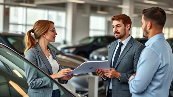 Businesswoman negotiating car financing rates at dealership.
