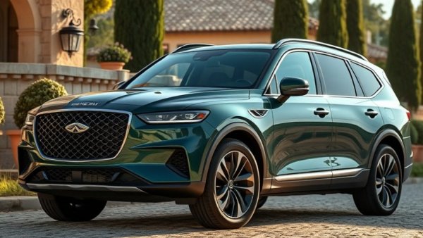 Sleek dark green 2028 Genesis GV90 parked in a villa setting.