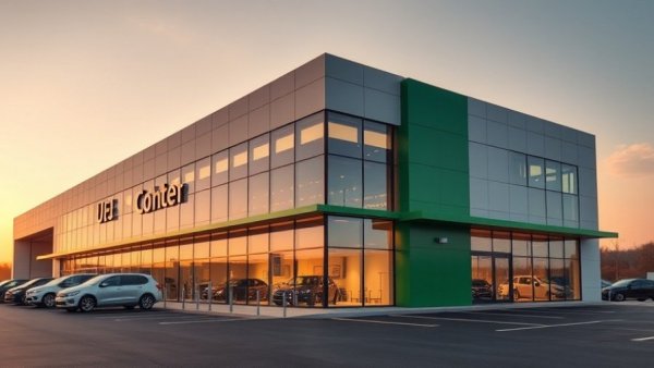 Modern car dealership building with green accents at sunset.