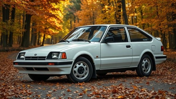 1988 Mazda 323 GTX on an autumn forest trail for auction.