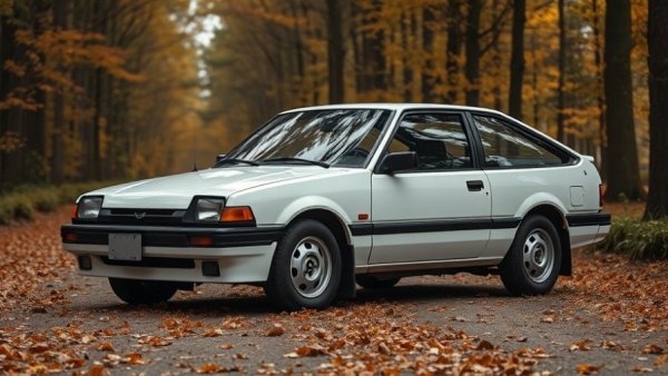 1988 Mazda 323 GTX parked on leaf-covered forest path in autumn.