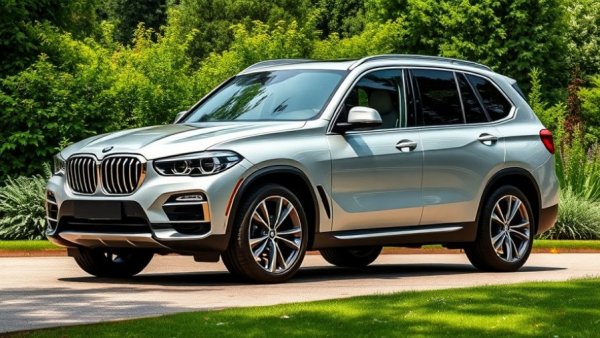 Silver BMW Kith X5 V-10 parked in a garden setting.