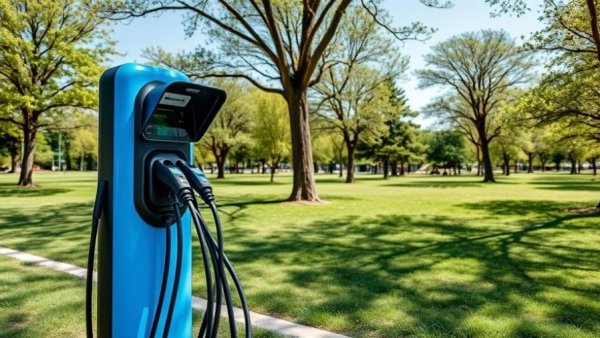 Electric vehicle charging infrastructure in a green park setting.