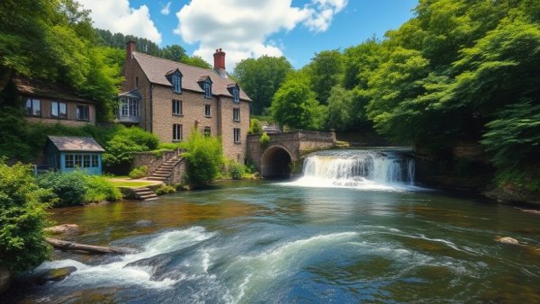 Historic river scene in Windham Connecticut with waterfall and stone building