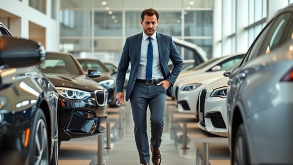 Man exploring car showroom, used car financing rates context.