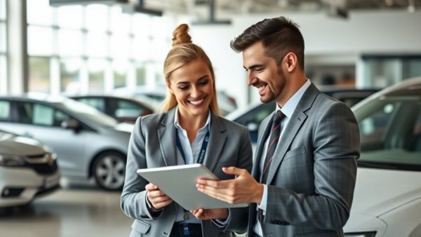 Dealership market analysis discussion in car showroom.