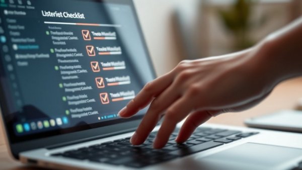Digital checklist interface on laptop for website trust audit.