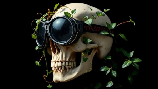 Skull with ivy and goggles illustrating Laws of Stupidity in Leadership.
