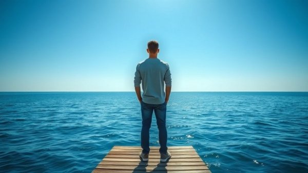 Young man on pier contemplating commitment, ocean backdrop.