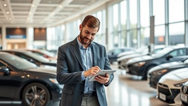 Men discussing digital transformation in modern car dealership