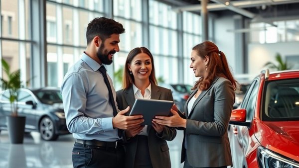 Digital dealership engagement: professionals using a tablet in a car showroom.