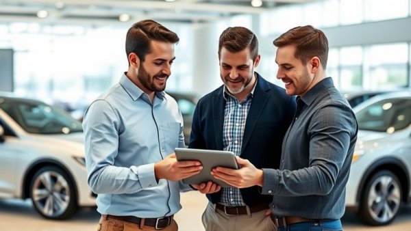 Two men in a dealership using a tablet, digital dealership revolution.