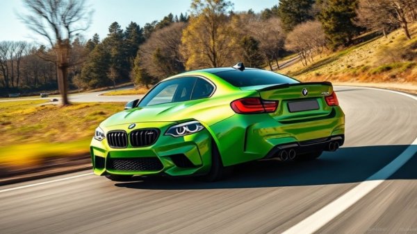 2027 BMW M2 in vibrant green driving on a scenic road.