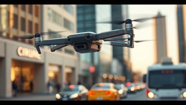 Autonomous parts delivery drone flying over a city street.