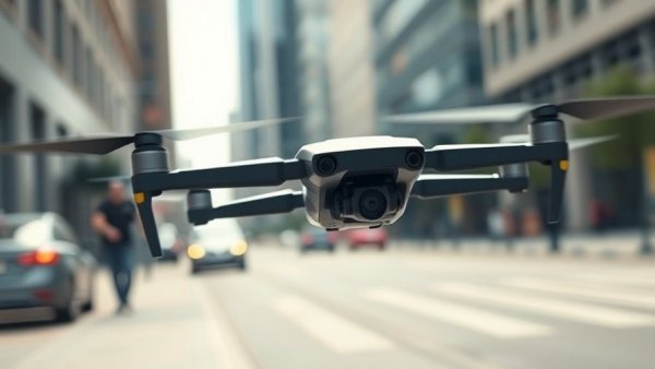 Sleek drone autonomously delivering parts in urban setting.