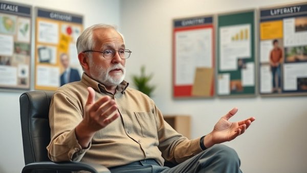 Older man discussing in an office setting, automotive training center environment.