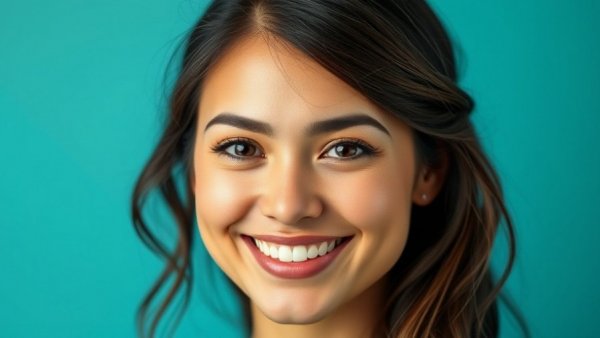 Confident woman smiling, teal hexagon background