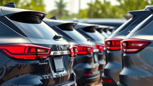 Line of modern SUVs highlighting used car prices at a dealership.