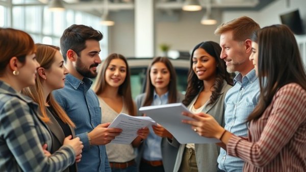 People discussing used car financing in a showroom environment