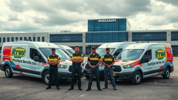 Technicians with mobile service vans in parking lot, cloudy sky.