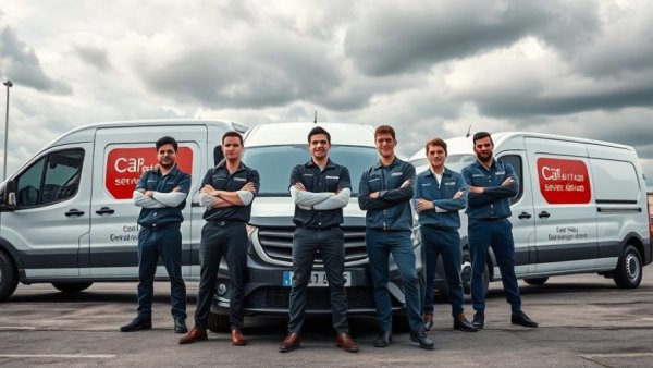 Mobile car servicing team with service vans in parking lot.