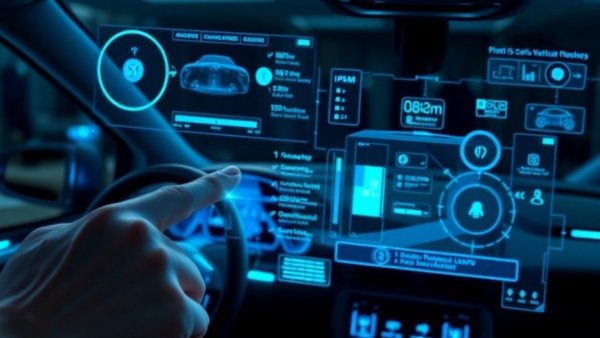 Futuristic hologram for AI in vehicle merchandising with person interacting.