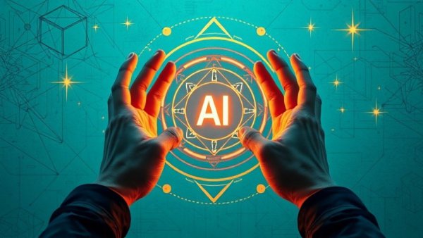 Futuristic depiction of AI integration concept with hands and symbols