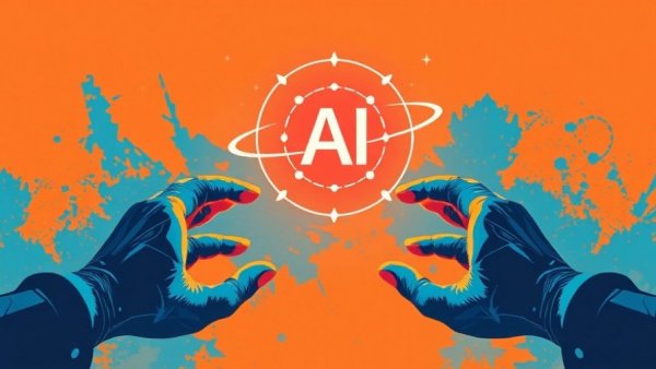 Retro digital art of hands reaching for AI symbol.