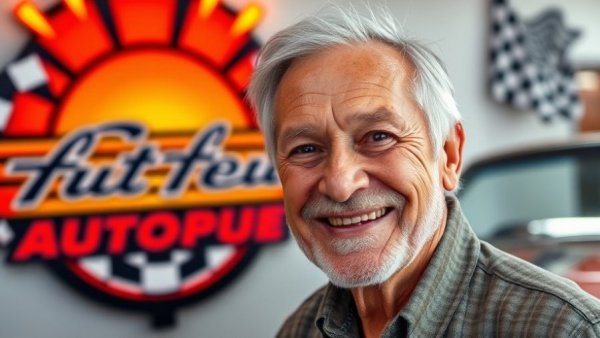 Friendly older man with automotive logo, dynamic contrast