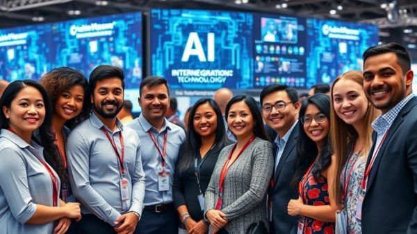 AI integration technology expo with professionals smiling