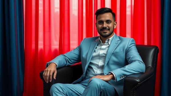 Confident man in suit sitting against colorful background