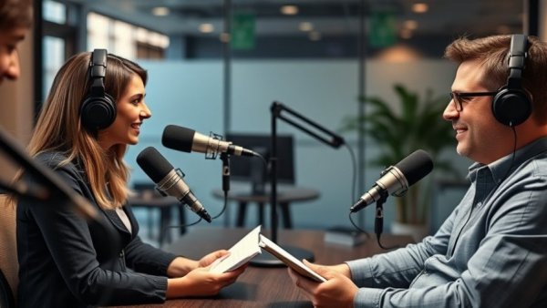 Professional podcast setup on auto body repair with hosts in studio.