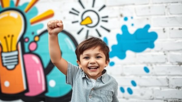 Joyful child with colorful mural and text 'It's book giveaway time'.