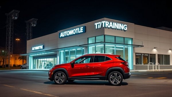 Night view of a red SUV at an automotive training center