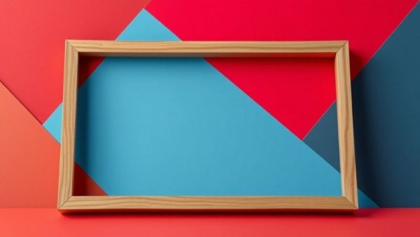 Wooden frame on colorful geometric background