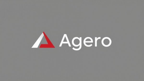 Agero logo with red triangular design on grey background.