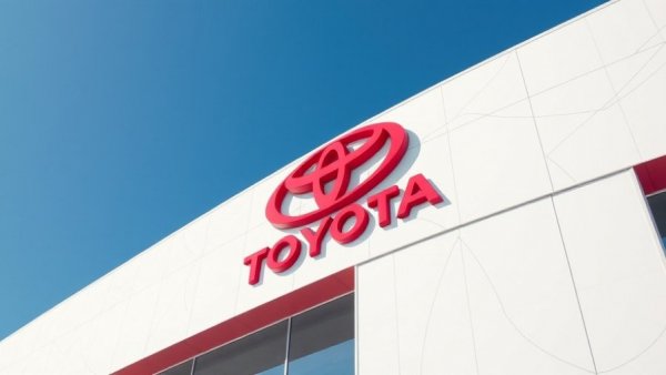 Toyota emblem on building facade with blue sky backdrop