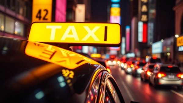Illuminated taxi sign in a city setting highlighting vehicle recalls.