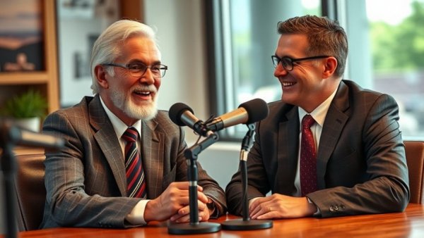Auto body repair podcast hosts in discussion with microphone.