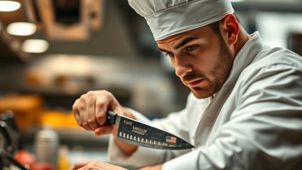 Chef sharpening knives with 'stop developing your leadership' text
