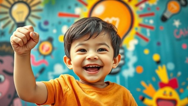 Leader Who Cannot Stop: Smiling toddler celebrating in front of a colorful mural.