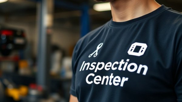 Inspection center t-shirt in automotive setting, showcasing reconditioning capabilities.
