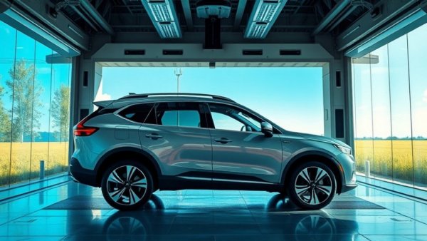SUV in futuristic bay for AI vehicle safety scans.