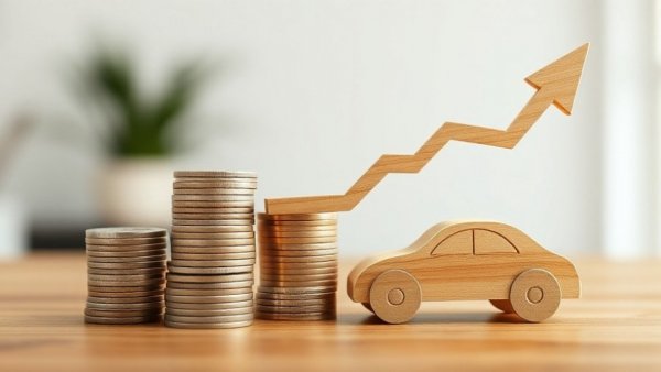 Vehicle ownership costs rising illustrated by toy car and coins.