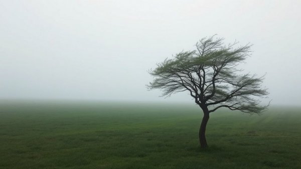 Windblown tree in misty field symbolizing resilience, learning how to develop mature team members.