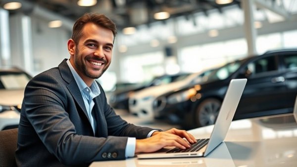 Businessman analyzing data on laptop in car dealership